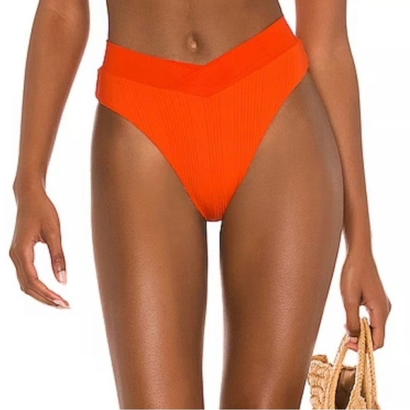 L*Space Womens Pointelle Rib Court Bikini Bottom in poppy orange/red - Picture 1 of 7